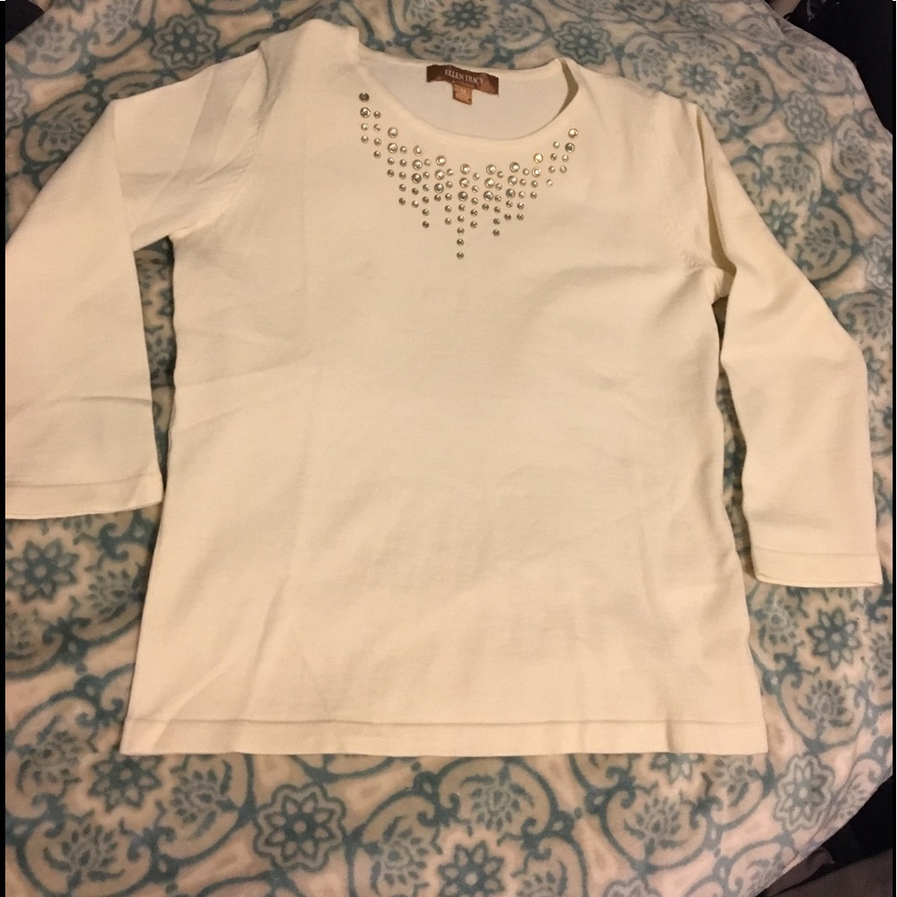 Light Sweater Top Cream w/ Gems LS Medium